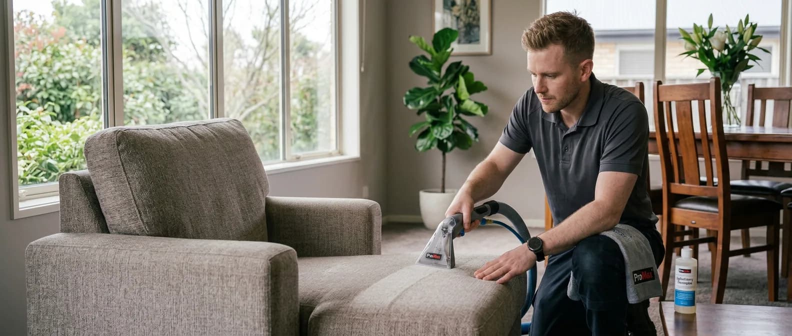 A Freedom Cleaning technician cleaning an upholstered recliner